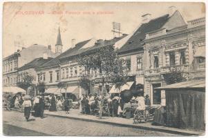 1912 Kolozsvár, Cluj; Deák Ferenc utca, piac, Wertheimer Samu és Georgis János üzlete, nagyáruház. Ludasi dohány tőzsde kiadása / street view with market and shops (szakadás / tear)