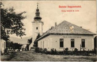 1908 Nagyszabos, Nagyszlabos, Slavosovce; Evangélikus templom és óvoda, utcakép / church and kindergarten, street view (EK)