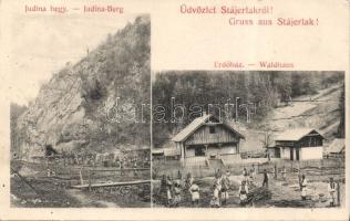 Stájerlak Judina hill and woodsmen cottage with lumberjacks in folkwear