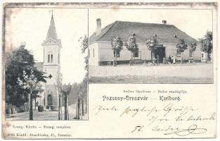 1909 Oroszvár, Rusovce, Karlburg (Pozsony, Pressburg, Bratislava); Evang. Kirche, Baders Gasthaus / Evangélikus templom, Bader vendéglője. Duschinsky G. kiadása / Lutheran church, restaurant (fl)