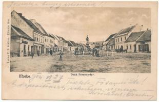 1904 Modor, Modra; Deák Ferenc tér, üzletek. Levius P. S. kiadása / square, shops + "ZSOLNA - POZSONY 47. SZ. B" vasúti mozgóposta bélyegző (fl)