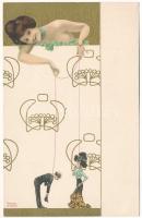 Marionettes. Art Nouveau golden litho, E.S.W. s: Raphael Kirchner