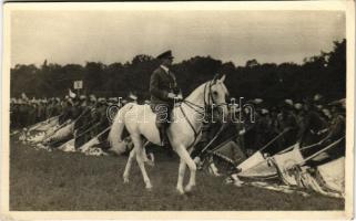 1933 Gödöllő, Cserkész Világ Jamboree, Horthy Miklós fehér lovon zászlókat tartó cserkészek előtt / IV. Scout Jamboree, Horthy on white horse. photo