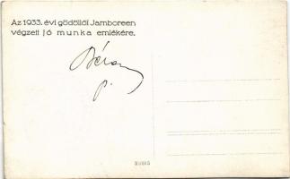 1933 Gödöllő, Cserkész Világ Jamboree, Horthy Miklós fehér lovon zászlókat tartó cserkészek előtt / ...