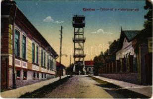 Eperjes, Presov; Tábor út és víztorony. Cattarino S. utóda Földes Samu kiadása / street and water tower (kopott sarkak / worn corners)