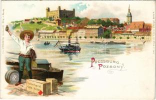 Pozsony, Pressburg, Bratislava; vár, gőzhajó. Leonhardi-féle tinta reklámlapja / castle, steamship. Leonhardi ink advertisement. Verlag v. Aug. Leonhardi. Lith. u. Druck von Kutzner & Berger litho (EK)