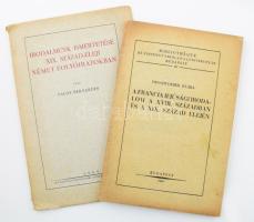 Proszwimmer Klára: A francia ifjúsági irodalom a XVIII. században és a XIX. század elején. Bibliothéque de l'institut francais á l'université de Budapest 40. Bp., 1939, (Fővárosi-ny.), 108 p. Kiadói papírkötés. + Palos Bernardin: Irodalmunk ismertetése a XIX. század-eleji német folyóiratokban. Pécs, 1929, Dunántúl Egyetemi Nyomdája, 76 p. Kiadói papírkötés, a borító a gerincen kissé szakadt. Felvágatlan lapokkal.