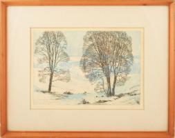 Csurgói Máté Lajos (1931-2001): Téli táj, színes rézkarc. Színes rézkarc, papír, jelzett, számozott ...