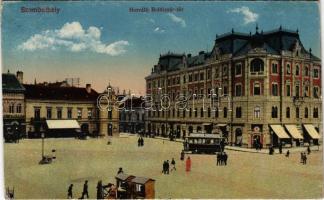 1918 Szombathely, Horváth Boldizsár tér, villamos, Hungária szálloda, üzletek, piac. Vasúti levelezőlapárusítás 28. sz. 1917. (r)