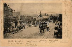 1903 Sopron, Oedenburg; Kossuth út feldíszített magyar címeres villamossal, lovaskocsi. Kummert L. kiadása (EK)