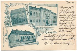 1899 (Vorläufer) Szentágota, Agnetheln, Agnita; Rathaus, Stationsgebäude, M. Lang's Handlung / Városháza, vasútállomás, M. Lang üzlete és saját kiadása / town hall, railway station, publisher's shop. Art Nouveau, floral (ázott sarok / wet corner)
