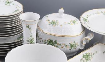 Hollóházi Erika mintás 30 darabos étkészlet, jelzett, kopással
