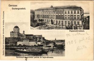 1905 Esztergom, Papnevelő intézet, Vártemplom, Primási palota és hajóállomás "BUDAPEST" gőzhajó. Kardos Dezső felvétele és kiadása (fl)