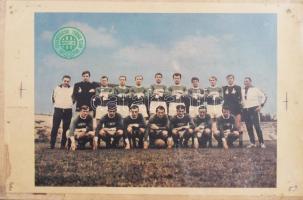 cca 1969 A Ferencváros (Fradi, FTC) 1968. évi bajnokcsapata (Albert Flórián, Juhász István, Páncsics Miklós, Rákosi Gyula, stb.), színes nyomtatvány, kisebb sérülésekkel, 30x21 cm