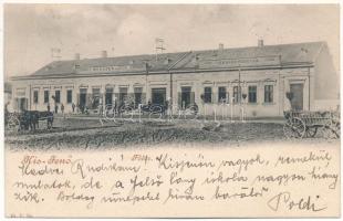 Kisjenő, Kis-Jenő, Chisineu-Cris; Fő tér, Takarékpénztár, Messzer Lipót üzlete / main square, savings bank, shop (kis szakadás / small tear)