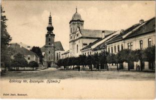 Rozsnyó, Roznava; Rákóczi tér, templomok. Falvi Jenő kiadása / square, churches