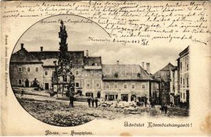 1903 Körmöcbánya, Kremnitz, Kremnica; Fő tér, Szentháromság szobor, bor és sörcsarnok. Braun Ármin kiadása / main square, Trinity statue, beer and wine hall (r)