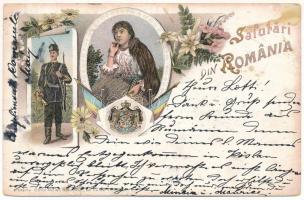 1897 (Vorläufer!) Salutari din Romania / Romanian folklore, coat of arms. Carol Müller Art Nouveau, floral, litho (tear)