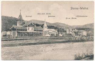 1917 Vatra Dornei, Dornavátra, Bad Dorna-Watra (Bukovina, Bucovina, Bukowina); Bahnhof, Röm.-kath. Kirche, Bahnhotel, Gr.-or. Kirche, Offizierskasino / railway station, Catholic church, railway hotel, Orthodox church, officers&#039; casino (EK)