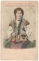 Volkstrachten aus Galizien und Bukowina. Ruthenin / Stroje ludowe Galicyi i Bukowiny. Rusinka / folklore from Galicia and Bukovina (Bucovina), Ruthenian (Rusyn) woman (ázott / wet damage)