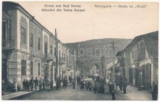 Vatra Dornei, Dornavátra, Bad Dorna-Watra (Bukovina, Bucovina, Bukowina); Mikuligasse / Strada lui Miculi / street. &quot;Wágner Hanszerkirály&quot; advertisement on the backside