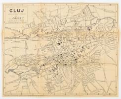 1933 Cluj város átnézeti térképe, 1:16 000, magyar és román nyelven, kis szakadással, ceruzás jelölésekkel, hátoldalán a jelölt épületek listájával, 33×40 cm