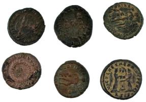 Római Birodalom 6db-os bronz Follis érmetétel, közte II. Constantius, Valens, illetve Siscia / Constantinus ~320. AE Follis T:XF-F Roman Empire 6pcs bronze Follis coin lot, közte Constantius II, Valens, and Siscia / Constantinus ~320. AE Follis &quot;IMP CONSTANTINVS AVG / VICT LAETAE PRINC PERP - BSIS star&quot; C:XF-F