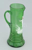 cca 1880, nemes kisfiú alakjával zománcfestett zöld hutaüveg kancsó. Jelzés nélkül, m: 28,5 cm