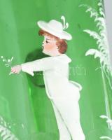 cca 1880, nemes kisfiú alakjával zománcfestett zöld hutaüveg kancsó. Jelzés nélkül, m: 28,5 cm