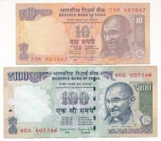 India 2014. 100R + 2016. 10R T:F folt, az egyiken tűlyuk India 2014. 100 Rupees + 2016. 10 Rupees C:F spot, pinholes on one