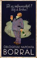 Fél az influenzától? Fáj a torka? Öblögesse naponta borral. Kiadja a Szőlő- és Borpropaganda Iroda, Klösz György és fia / Hungarian wine advertisement, humour s: Gönczi Gebhardt (fa)