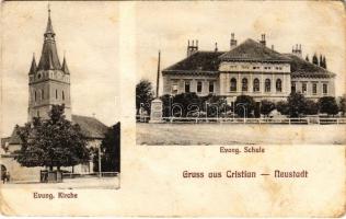 Keresztényfalva, Neustadt, Cristian; Evang. Kirche, Evang Schule / Evangélikus templom és iskola. Karl Habermann kiadása / Lutheran church and school (fa)