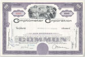 Amerikai Egyesült Államok 1960. &quot;Comptometer Corporation&quot; 100db részvénye egyben, bélyegzéssel, összesen 100$ értékben, lyukasztásos érvénytelenítés XF hajtatlan, tűzőgép lyuk, gyűrődések USA 1960. &quot;Comptometer Corporation&quot; 100pcs of shares about 100 Dollars, with revenue stamps, invalidated by punching T:XF unfolded, stapler holes, creases