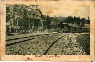 Brassó, Kronstadt, Brasov; Noa nyaraló városi-elővárosi vasútállomás gőzmozdonnyal / Gara din Noua / Bahnhof / railway station with locomotive, train (szakadás / tear)