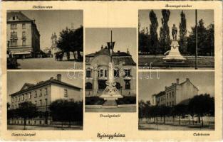 1940 Nyíregyháza, Tanítónőképző, Bethlen utca, Lichtenberg Sándor üzlete, Országzászló, Bessenyei szobor, Calvineum (EK)