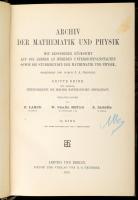 Archiv der Mathematik und Physik. Dritte Reihe. 16.Band. Hrsg. E. Lampe, W. Franz Meyer, E. Jahnke. Leipzig - Berlin, 1910., Teubner, VIII+376 p.+1 t.; Hozzákötvwe: Sitzungsberichte der Berliner Mathematischen Gesellschaft. Hrsg. vom Vorstand der Gesellschaft. Neunter Jahrgang. Leipzig, 1910, B. G. Teubner, 104 p. Korabeli átkötött félvászon-kötés, festett, mintás lapélekkel.