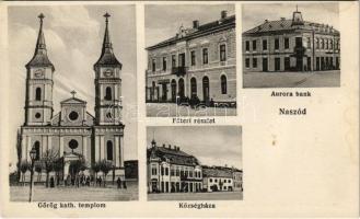 Naszód, Nasaud; Görögkatolikus templom, Fő tér, Auróra Bank, Községháza, Moskovits Dávid üzlete. Kaim Mózes kiadása / Greek Catholic church, main square, bank, town hall, shop (fl)