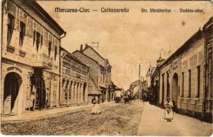 1925 Csíkszereda, Miercurea Ciuc; Vadász utca, Czáka Béla üzlete, Hutter szálloda. Szvoboda Miklós kiadása / street, shops, hotel (kopott sarkak / worn corners)