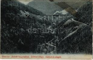 1908 Oravica-Anina, Oravita-Anina; Vasúti hegyipálya, Zsittin-völgyi vasúti híd, viadukt és alagút, vonat, gőzmozdony. Weisz Félix kiadása / mountain railway bridge, railway tunnel, viaduct, locomotive, train (fl)