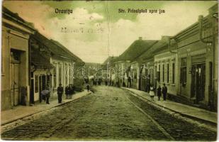 1945 Oravicabánya, Oravica, Oravicza, Oravita; Str. Principala spre jos / Fő utca alsó része, üzletek. Weiss Felix kiadása / main street, shops (fa)