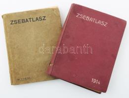 Zsebatlasz naptárral és statisztikai adatokkal az 1914. évre. Szerk.: Kugotwicz Károly és Hermann Győző. Bp., 1913, Magyar Földrajzi Intézet Rt., 256 p. Kiadói egészvászon-kötés, kissé kopott, foltos borítóval, a gerincen kis sérüléssel. + Zsebatlasz naptárral és statisztikai adatokkal az 1915. évre. Szerk.: Kugotwicz Károly és Bátky Zsigmond. Bp., 1914, Magyar Földrajzi Intézet Rt., 64 p. + 2 (kihajtható térképek: Szerbia háború térképe, Páris és környéke) t. Kiadói papírkötés, foltos, kopott borítóval, kissé sérült gerinccel, csak 2 térképpel, az egyik térkép kijár, a másikon szakadás.