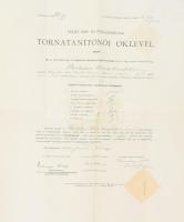 1912 Tornatanítónői oklevél, vízjeles papíron, papírfelzetes pecséttel, kis szakadással, hajtott, 53x43 cm