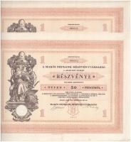 Makó 1929. "Makói Népbank Részvénytársaság" részvénye 50P-ről, szelvényekkel, szárazpecsét...