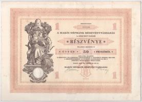 Makó 1929. "Makói Népbank Részvénytársaság" részvénye 50P-ről, szelvényekkel, szárazpecsét...