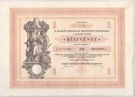 Makó 1929. "Makói Népbank Részvénytársaság" részvénye 50P-ről, szelvényekkel, szárazpecsét...