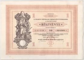 Makó 1929. "Makói Népbank Részvénytársaság" részvénye 50P-ről, szelvényekkel, szárazpecsét...