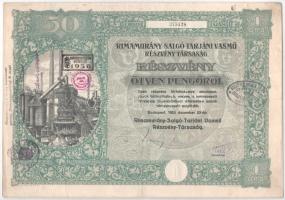 Budapest 1925. &quot;Rimamurány-Salgó-Tarjáni Vasmű Részvény-Társaság&quot; részvénye 50P-ről, szárazpecséttel, bélyegzésekkel, szelvényekkel T:F