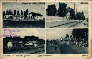 1936 Balatonszárszó, Amerika és Kanada pensio, strand, Magda és Balla penzió, vasútállomás, vagon (fl)