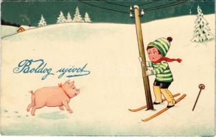 1930 Boldog Újévet / New Year greeting art postcard with skier and pig. HWB Ser. 2352. (EK)