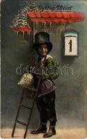 Boldog Újévet / New Year greeting art postcard with chimney sweeper and clovers (fl)